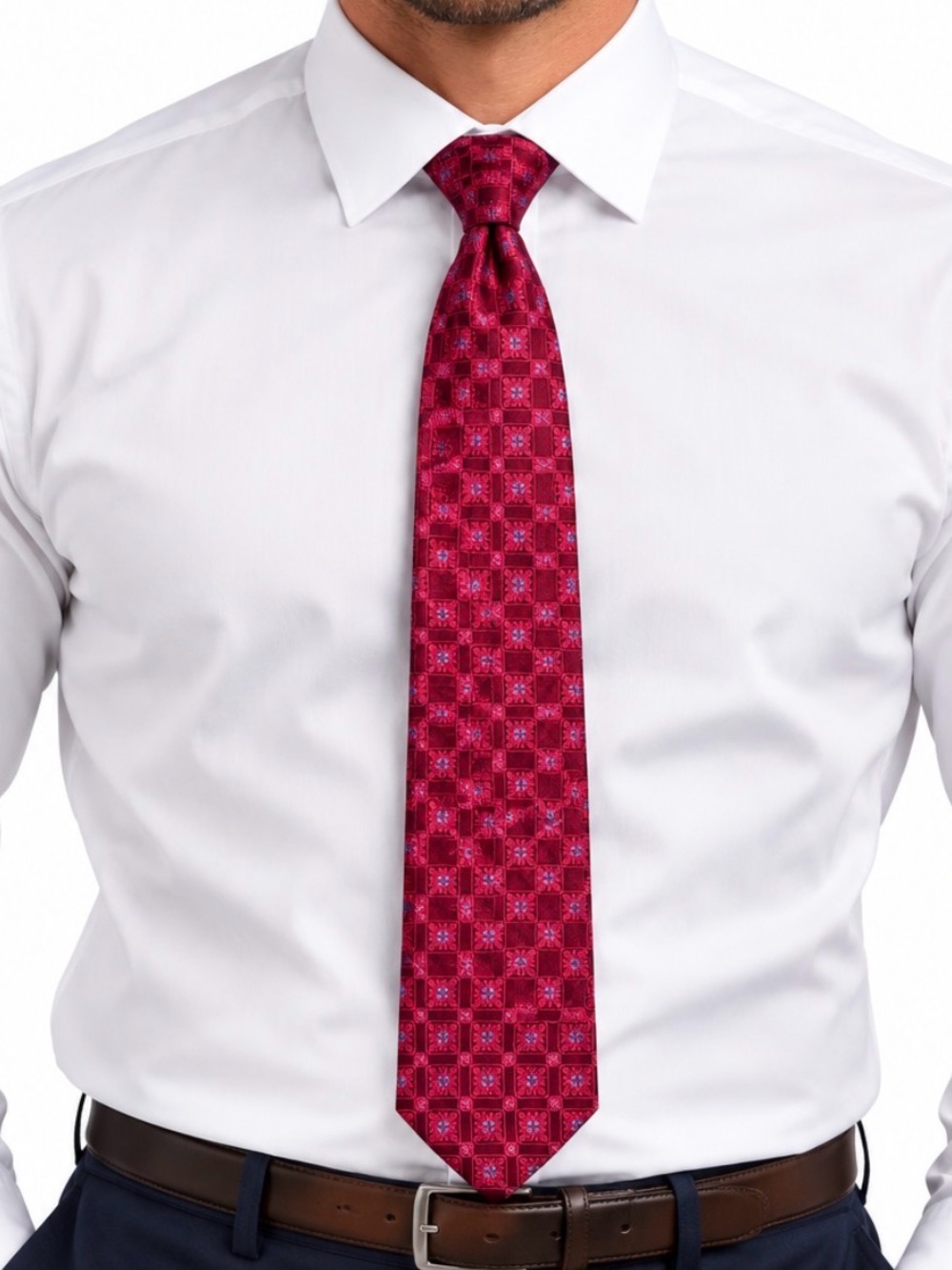 Kirkland Men’s Burgundy Red Geometric Floral Pattern Necktie Classic Dress Tie